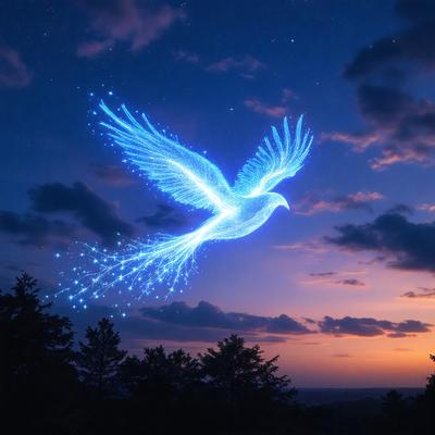 The primary subject of the image is a blue bird flying in the sky. The bird is surrounded by a beautiful blue and purple sky, creating a serene and peaceful atmosphere. The setting appears to be a nighttime scene, with the bird flying high in the sky. The visual style of the image is a combination of a photo and digital art, as the bird is depicted in a stylized manner, giving it a unique and artistic appearance. The colors and mood of the image are predominantly blue and purple